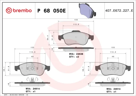 Bremsbelagsatz, Scheibenbremse Vorderachse BREMBO P 68 050E Bild Bremsbelagsatz, Scheibenbremse Vorderachse BREMBO P 68 050E
