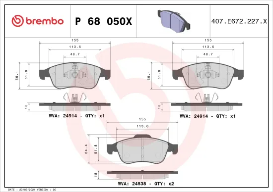 Bremsbelagsatz, Scheibenbremse Vorderachse BREMBO P 68 050X Bild Bremsbelagsatz, Scheibenbremse Vorderachse BREMBO P 68 050X