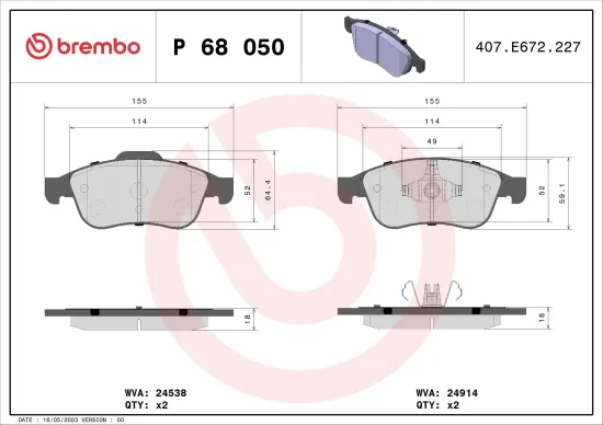 Bremsbelagsatz, Scheibenbremse Vorderachse BREMBO P 68 050 Bild Bremsbelagsatz, Scheibenbremse Vorderachse BREMBO P 68 050