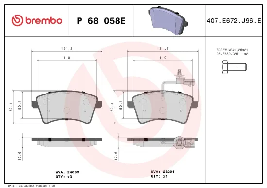 Bremsbelagsatz, Scheibenbremse Vorderachse BREMBO P 68 058E Bild Bremsbelagsatz, Scheibenbremse Vorderachse BREMBO P 68 058E
