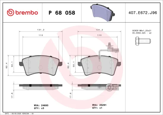 Bremsbelagsatz, Scheibenbremse Vorderachse BREMBO P 68 058 Bild Bremsbelagsatz, Scheibenbremse Vorderachse BREMBO P 68 058