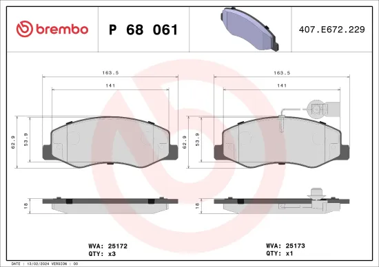 Bremsbelagsatz, Scheibenbremse Hinterachse BREMBO P 68 061 Bild Bremsbelagsatz, Scheibenbremse Hinterachse BREMBO P 68 061