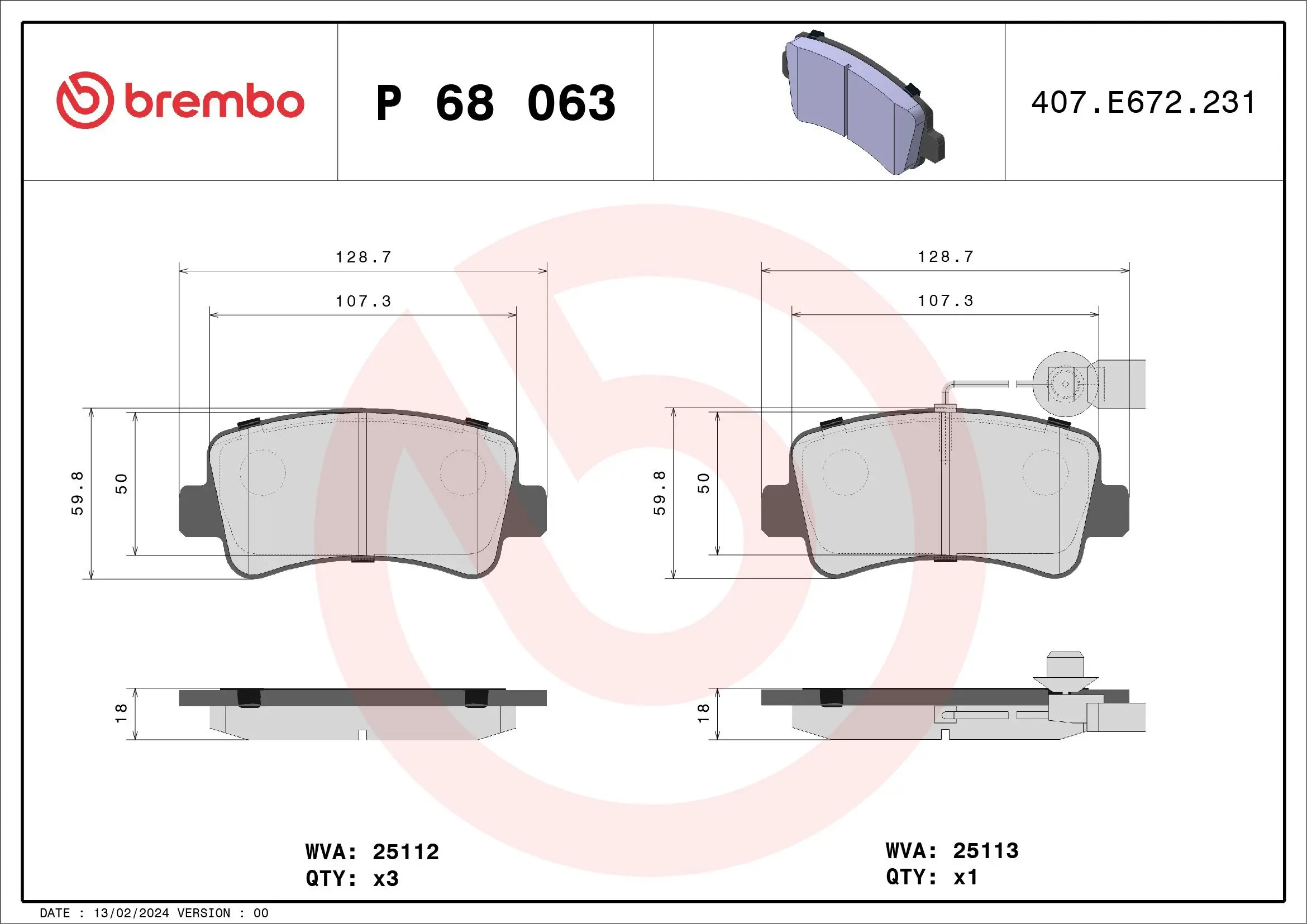 Bremsbelagsatz, Scheibenbremse Hinterachse BREMBO P 68 063