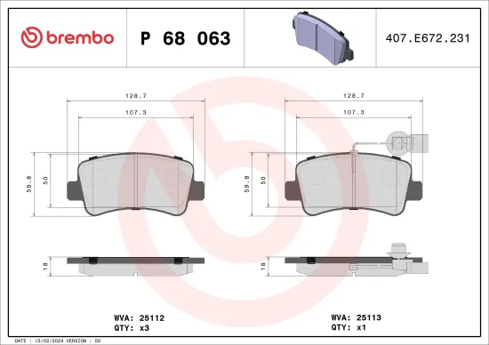 Bremsbelagsatz, Scheibenbremse Hinterachse BREMBO P 68 063 Bild Bremsbelagsatz, Scheibenbremse Hinterachse BREMBO P 68 063