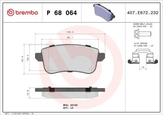 Bremsbelagsatz, Scheibenbremse Hinterachse BREMBO P 68 064 Bild Bremsbelagsatz, Scheibenbremse Hinterachse BREMBO P 68 064