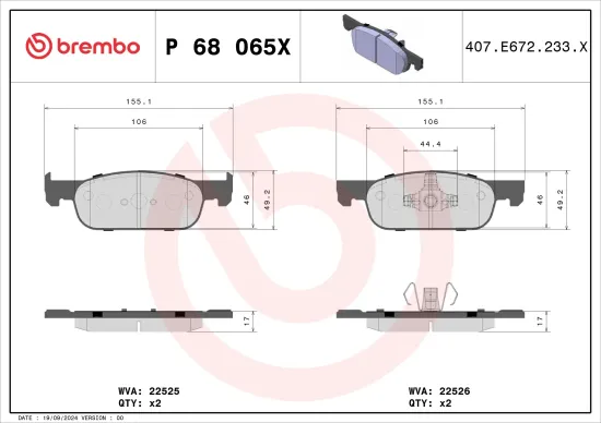 Bremsbelagsatz, Scheibenbremse Vorderachse BREMBO P 68 065X Bild Bremsbelagsatz, Scheibenbremse Vorderachse BREMBO P 68 065X