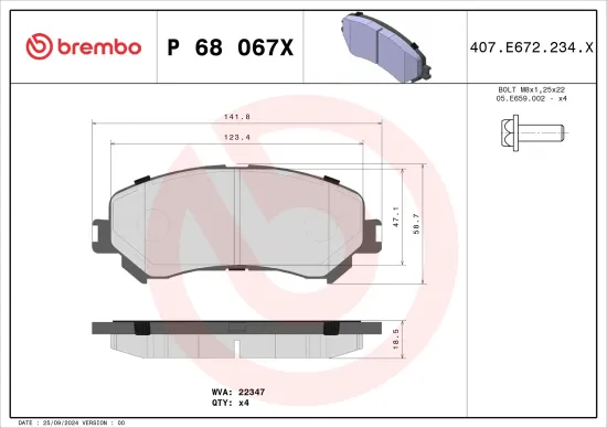 Bremsbelagsatz, Scheibenbremse Vorderachse BREMBO P 68 067X Bild Bremsbelagsatz, Scheibenbremse Vorderachse BREMBO P 68 067X