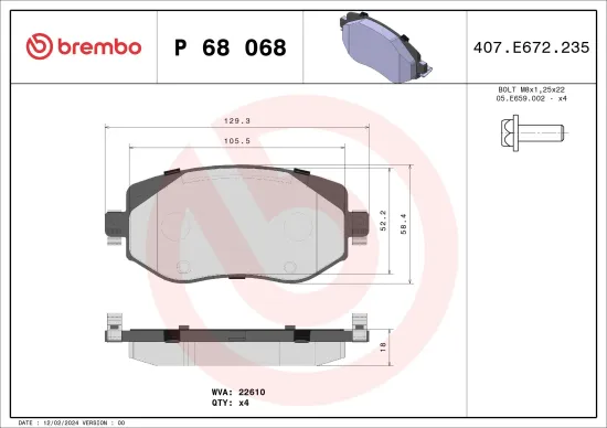 Bremsbelagsatz, Scheibenbremse Vorderachse BREMBO P 68 068 Bild Bremsbelagsatz, Scheibenbremse Vorderachse BREMBO P 68 068