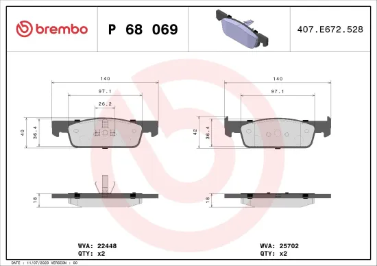 Bremsbelagsatz, Scheibenbremse Vorderachse BREMBO P 68 069 Bild Bremsbelagsatz, Scheibenbremse Vorderachse BREMBO P 68 069
