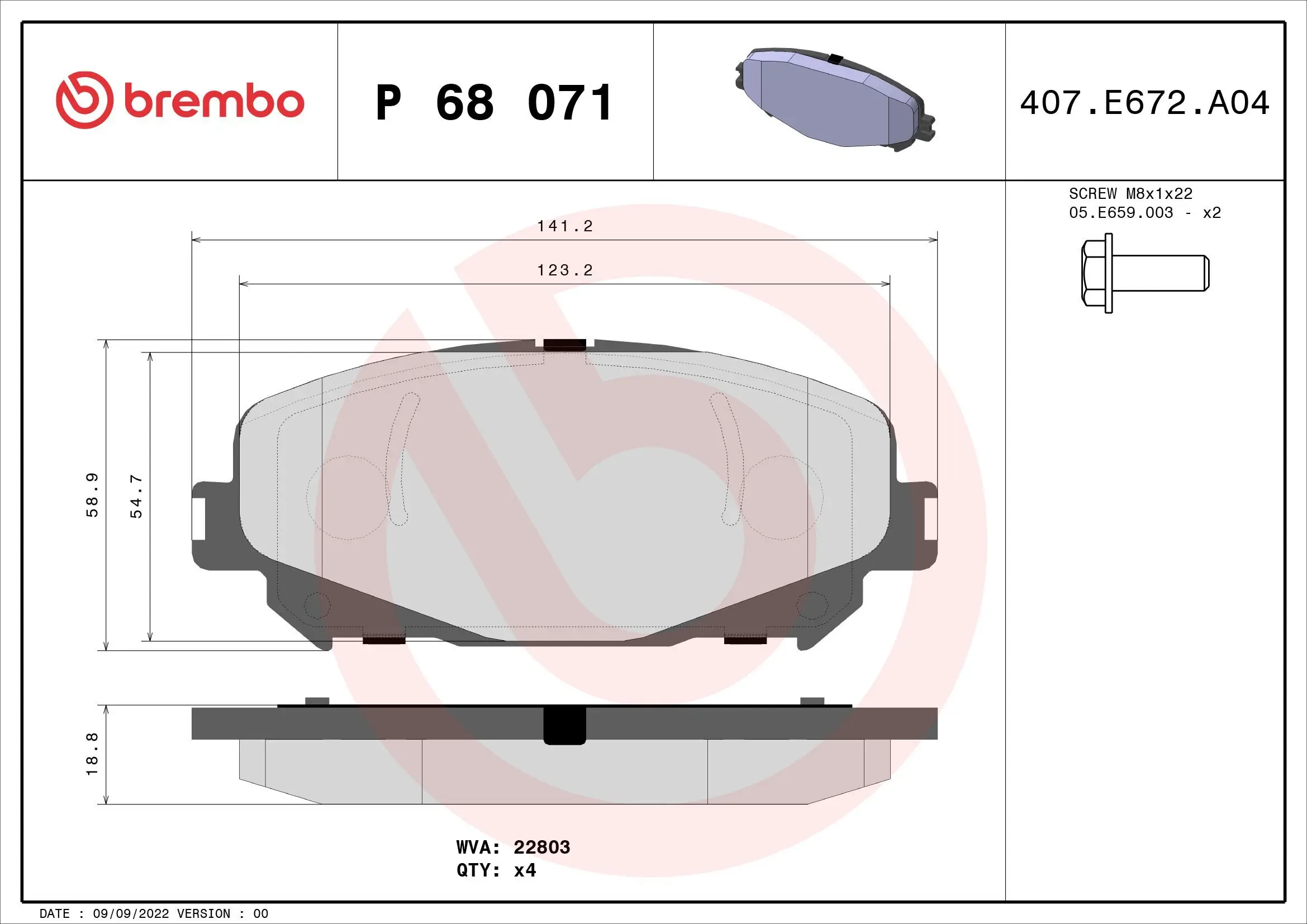 Bremsbelagsatz, Scheibenbremse Vorderachse BREMBO P 68 071X