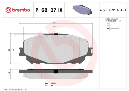 Bremsbelagsatz, Scheibenbremse Vorderachse BREMBO P 68 071X Bild Bremsbelagsatz, Scheibenbremse Vorderachse BREMBO P 68 071X