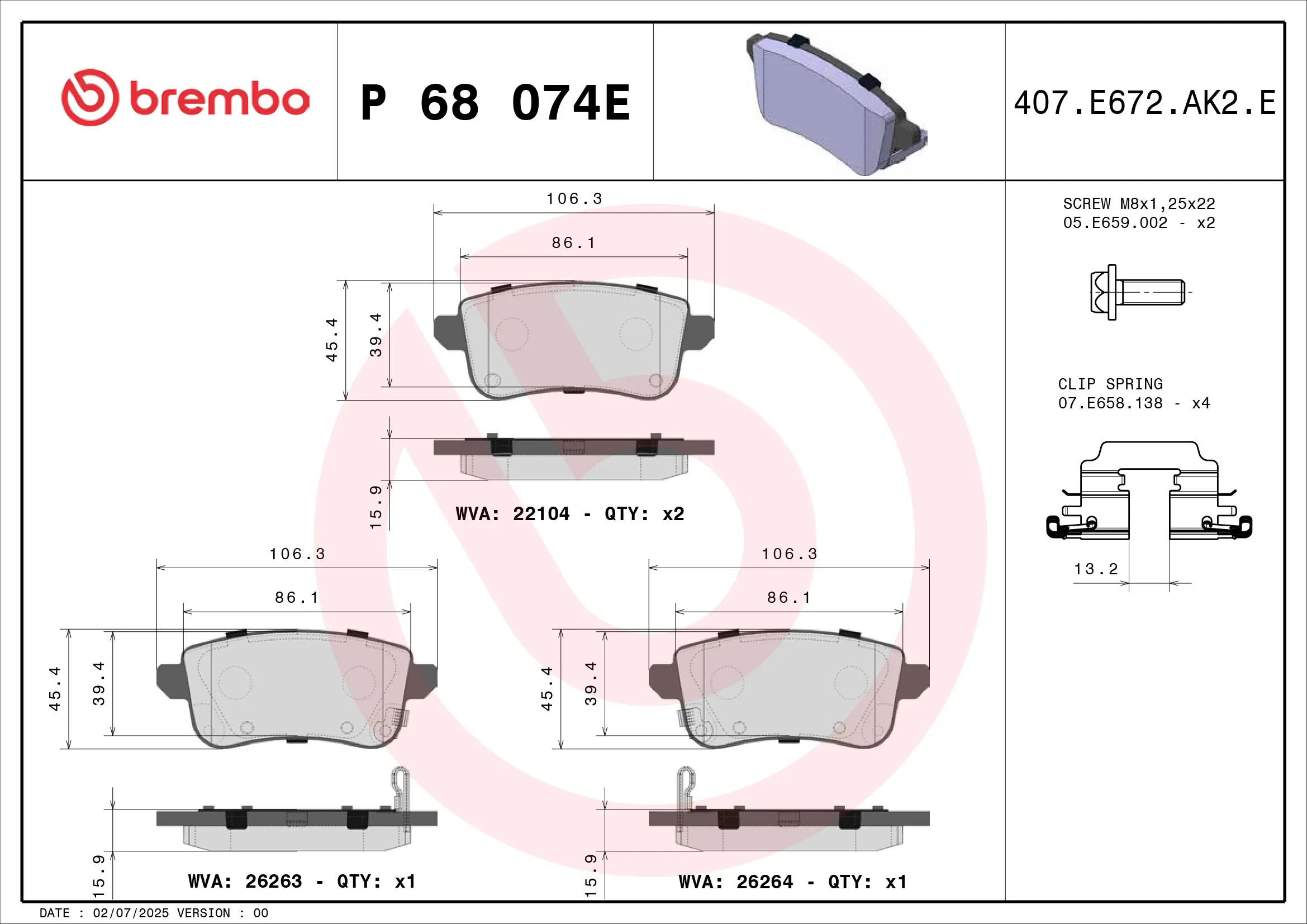 Bremsbelagsatz, Scheibenbremse Hinterachse BREMBO P 68 074E