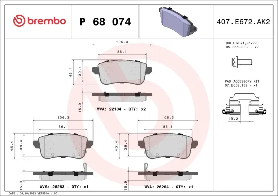 Bremsbelagsatz, Scheibenbremse BREMBO P 68 074 Bild Bremsbelagsatz, Scheibenbremse BREMBO P 68 074