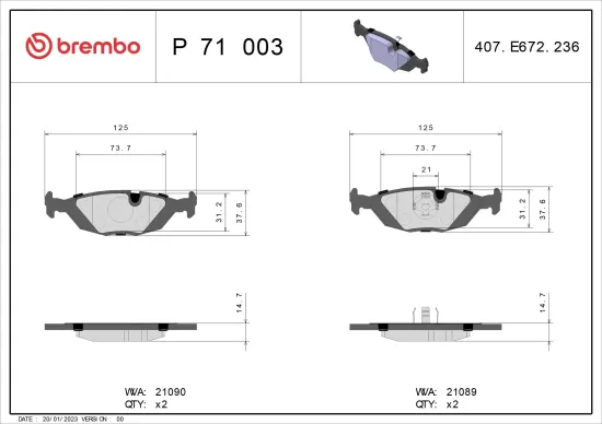 Bremsbelagsatz, Scheibenbremse BREMBO P 71 003 Bild Bremsbelagsatz, Scheibenbremse BREMBO P 71 003