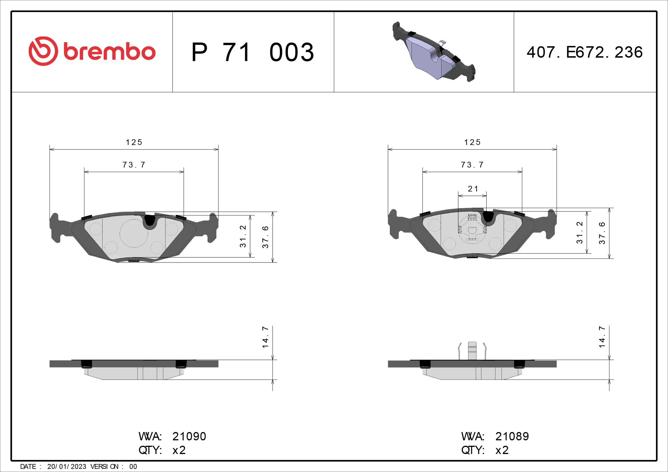 Bremsbelagsatz, Scheibenbremse Hinterachse BREMBO P 71 003