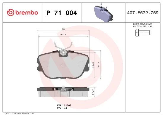 Bremsbelagsatz, Scheibenbremse Vorderachse BREMBO P 71 004 Bild Bremsbelagsatz, Scheibenbremse Vorderachse BREMBO P 71 004