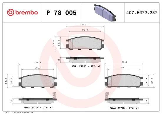 Bremsbelagsatz, Scheibenbremse Hinterachse BREMBO P 78 005 Bild Bremsbelagsatz, Scheibenbremse Hinterachse BREMBO P 78 005