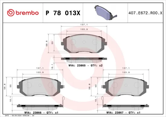 Bremsbelagsatz, Scheibenbremse Vorderachse BREMBO P 78 013X Bild Bremsbelagsatz, Scheibenbremse Vorderachse BREMBO P 78 013X