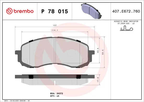 Bremsbelagsatz, Scheibenbremse Vorderachse BREMBO P 78 015 Bild Bremsbelagsatz, Scheibenbremse Vorderachse BREMBO P 78 015