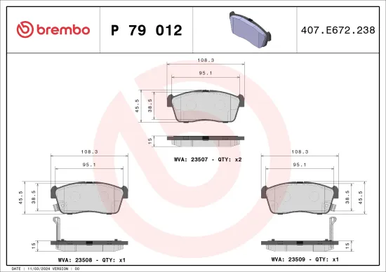 Bremsbelagsatz, Scheibenbremse Vorderachse BREMBO P 79 012 Bild Bremsbelagsatz, Scheibenbremse Vorderachse BREMBO P 79 012