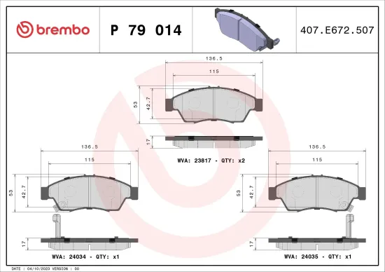 Bremsbelagsatz, Scheibenbremse Vorderachse BREMBO P 79 014 Bild Bremsbelagsatz, Scheibenbremse Vorderachse BREMBO P 79 014