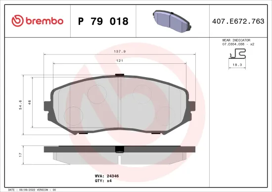 Bremsbelagsatz, Scheibenbremse Vorderachse BREMBO P 79 018 Bild Bremsbelagsatz, Scheibenbremse Vorderachse BREMBO P 79 018