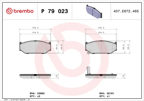 Bremsbelagsatz, Scheibenbremse Vorderachse BREMBO P 79 023 Bild Bremsbelagsatz, Scheibenbremse Vorderachse BREMBO P 79 023