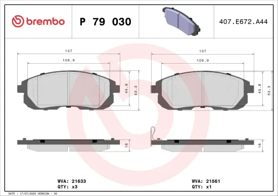 Bremsbelagsatz, Scheibenbremse Vorderachse BREMBO P 79 030 Bild Bremsbelagsatz, Scheibenbremse Vorderachse BREMBO P 79 030