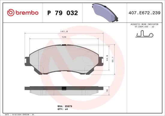 Bremsbelagsatz, Scheibenbremse Vorderachse BREMBO P 79 032 Bild Bremsbelagsatz, Scheibenbremse Vorderachse BREMBO P 79 032