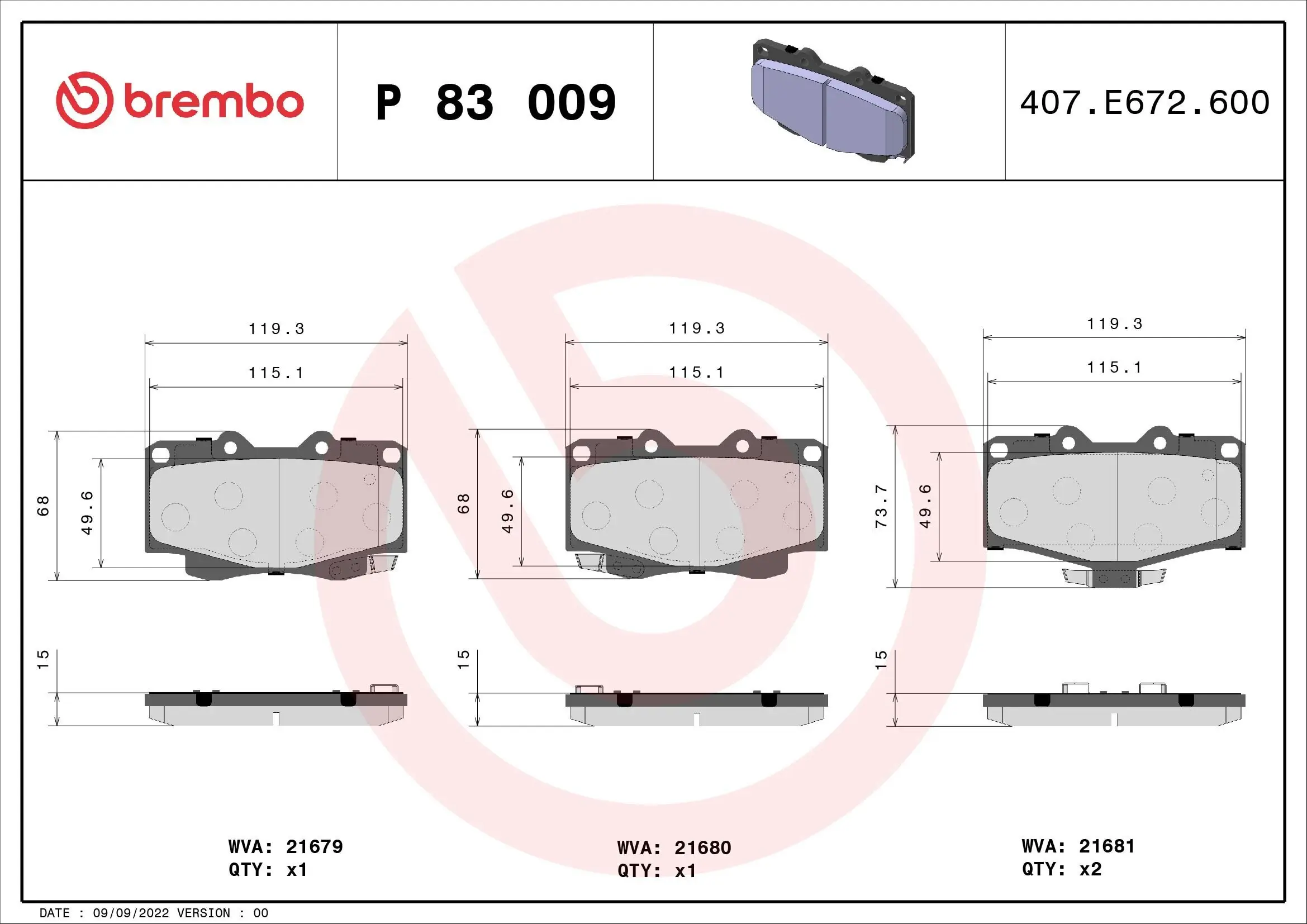 Bremsbelagsatz, Scheibenbremse BREMBO P 83 009