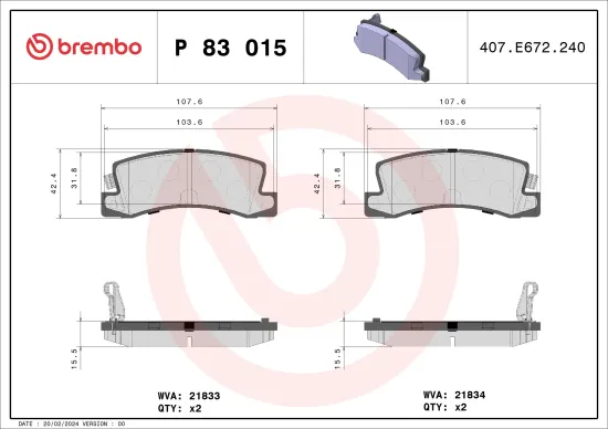 Bremsbelagsatz, Scheibenbremse Hinterachse BREMBO P 83 015 Bild Bremsbelagsatz, Scheibenbremse Hinterachse BREMBO P 83 015