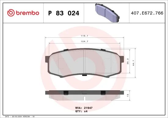 Bremsbelagsatz, Scheibenbremse Hinterachse BREMBO P 83 024 Bild Bremsbelagsatz, Scheibenbremse Hinterachse BREMBO P 83 024