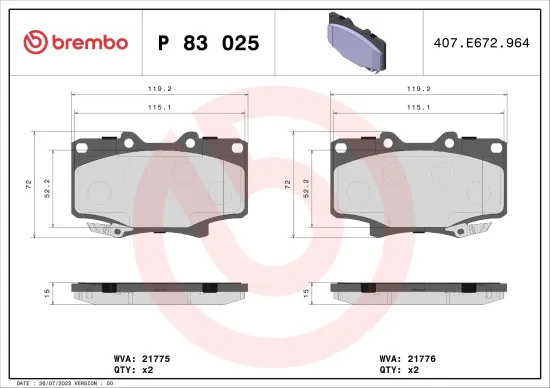 Bremsbelagsatz, Scheibenbremse Vorderachse BREMBO P 83 025 Bild Bremsbelagsatz, Scheibenbremse Vorderachse BREMBO P 83 025