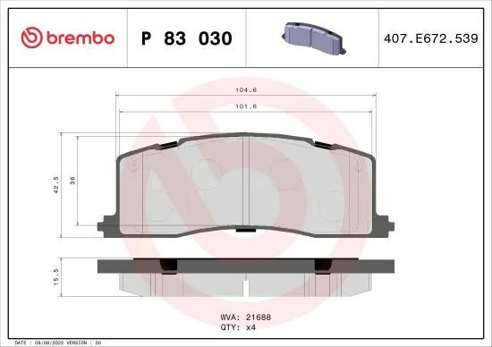 Bremsbelagsatz, Scheibenbremse Hinterachse BREMBO P 83 030 Bild Bremsbelagsatz, Scheibenbremse Hinterachse BREMBO P 83 030