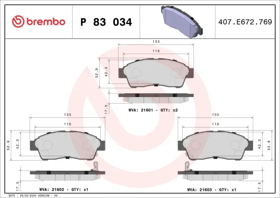 Bremsbelagsatz, Scheibenbremse BREMBO P 83 034 Bild Bremsbelagsatz, Scheibenbremse BREMBO P 83 034