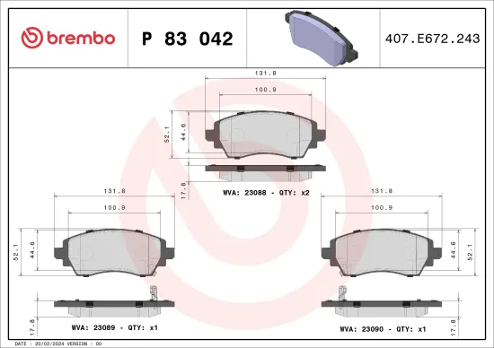 Bremsbelagsatz, Scheibenbremse Vorderachse BREMBO P 83 042 Bild Bremsbelagsatz, Scheibenbremse Vorderachse BREMBO P 83 042