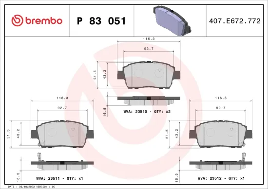 Bremsbelagsatz, Scheibenbremse Vorderachse BREMBO P 83 051 Bild Bremsbelagsatz, Scheibenbremse Vorderachse BREMBO P 83 051