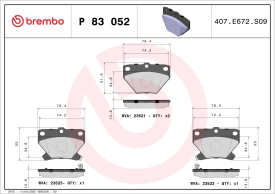 Bremsbelagsatz, Scheibenbremse Hinterachse BREMBO P 83 052 Bild Bremsbelagsatz, Scheibenbremse Hinterachse BREMBO P 83 052