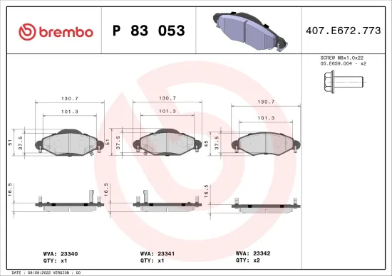 Bremsbelagsatz, Scheibenbremse Vorderachse BREMBO P 83 053 Bild Bremsbelagsatz, Scheibenbremse Vorderachse BREMBO P 83 053