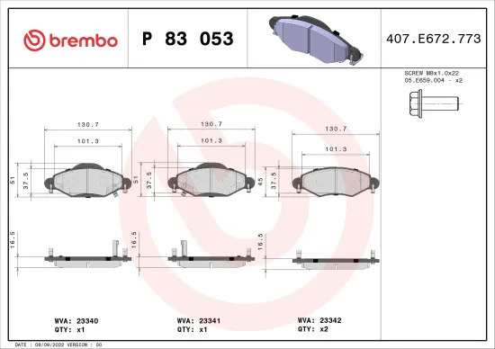 Bremsbelagsatz, Scheibenbremse Vorderachse BREMBO P 83 053 Bild Bremsbelagsatz, Scheibenbremse Vorderachse BREMBO P 83 053