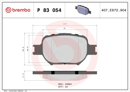 Bremsbelagsatz, Scheibenbremse Vorderachse BREMBO P 83 054 Bild Bremsbelagsatz, Scheibenbremse Vorderachse BREMBO P 83 054