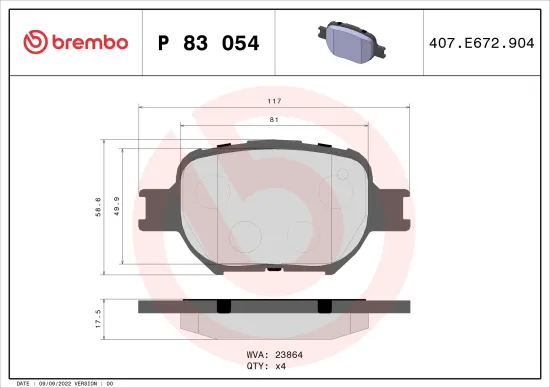 Bremsbelagsatz, Scheibenbremse Vorderachse BREMBO P 83 054 Bild Bremsbelagsatz, Scheibenbremse Vorderachse BREMBO P 83 054