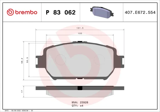 Bremsbelagsatz, Scheibenbremse Vorderachse BREMBO P 83 062 Bild Bremsbelagsatz, Scheibenbremse Vorderachse BREMBO P 83 062