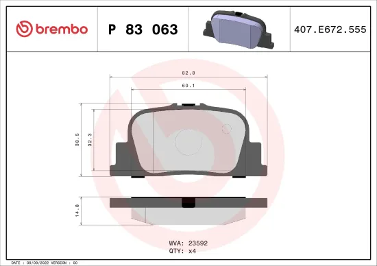 Bremsbelagsatz, Scheibenbremse Hinterachse BREMBO P 83 063 Bild Bremsbelagsatz, Scheibenbremse Hinterachse BREMBO P 83 063
