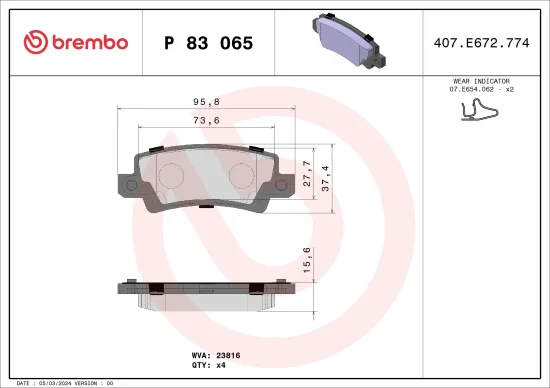 Bremsbelagsatz, Scheibenbremse Hinterachse BREMBO P 83 065 Bild Bremsbelagsatz, Scheibenbremse Hinterachse BREMBO P 83 065