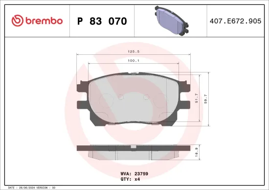 Bremsbelagsatz, Scheibenbremse Vorderachse BREMBO P 83 070 Bild Bremsbelagsatz, Scheibenbremse Vorderachse BREMBO P 83 070