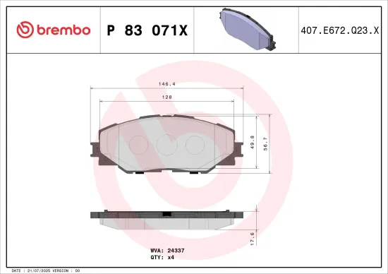 Bremsbelagsatz, Scheibenbremse Vorderachse BREMBO P 83 071X Bild Bremsbelagsatz, Scheibenbremse Vorderachse BREMBO P 83 071X