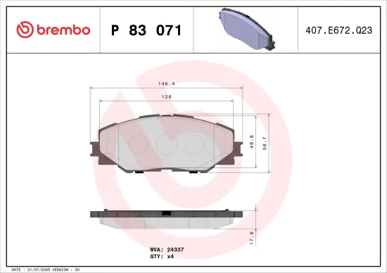 Bremsbelagsatz, Scheibenbremse Vorderachse BREMBO P 83 071 Bild Bremsbelagsatz, Scheibenbremse Vorderachse BREMBO P 83 071