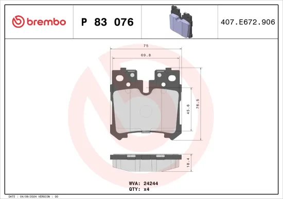 Bremsbelagsatz, Scheibenbremse Hinterachse BREMBO P 83 076 Bild Bremsbelagsatz, Scheibenbremse Hinterachse BREMBO P 83 076