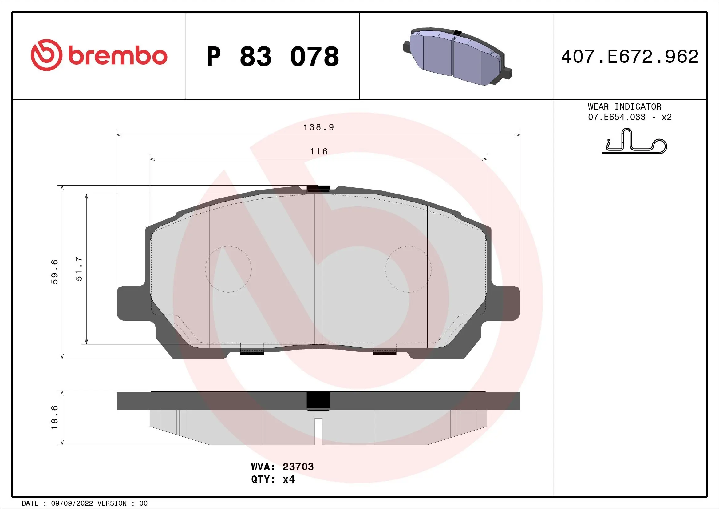 Bremsbelagsatz, Scheibenbremse Vorderachse BREMBO P 83 078